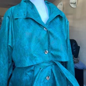 London fog green large floral trench coat 1980s